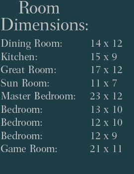 	Room Dimensions:
Dining Room:		14 x 12
Kitchen:			15 x 9
Great