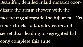 Beautiful, detailed inlaid mosaics coordinate the steam shower 