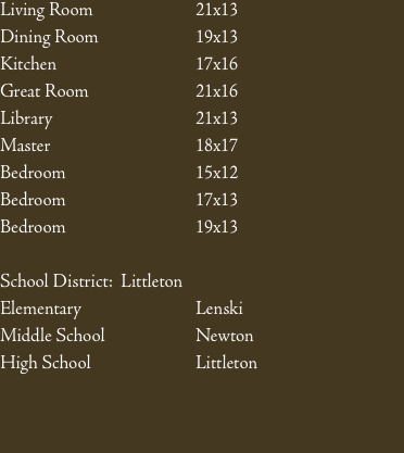 Living Room			21x13 Dining Room			19x13 Kitchen				17x16 Great 