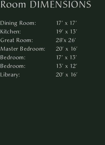Room DIMENSIONS

Dining Room:		17’ x 17’
Kitchen:				19’ x 13’
